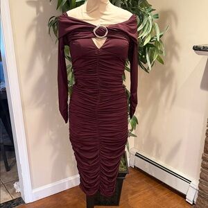 Fashion Nova Elegant Burgundy Off-Shoulder midi Dress